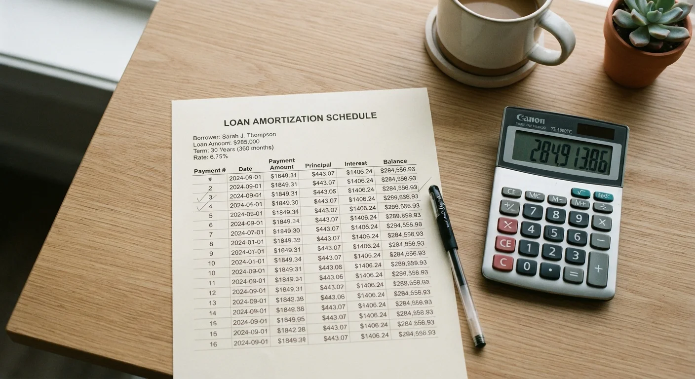 Printed auto loan amortization schedule beside a calculator and pen on a desk