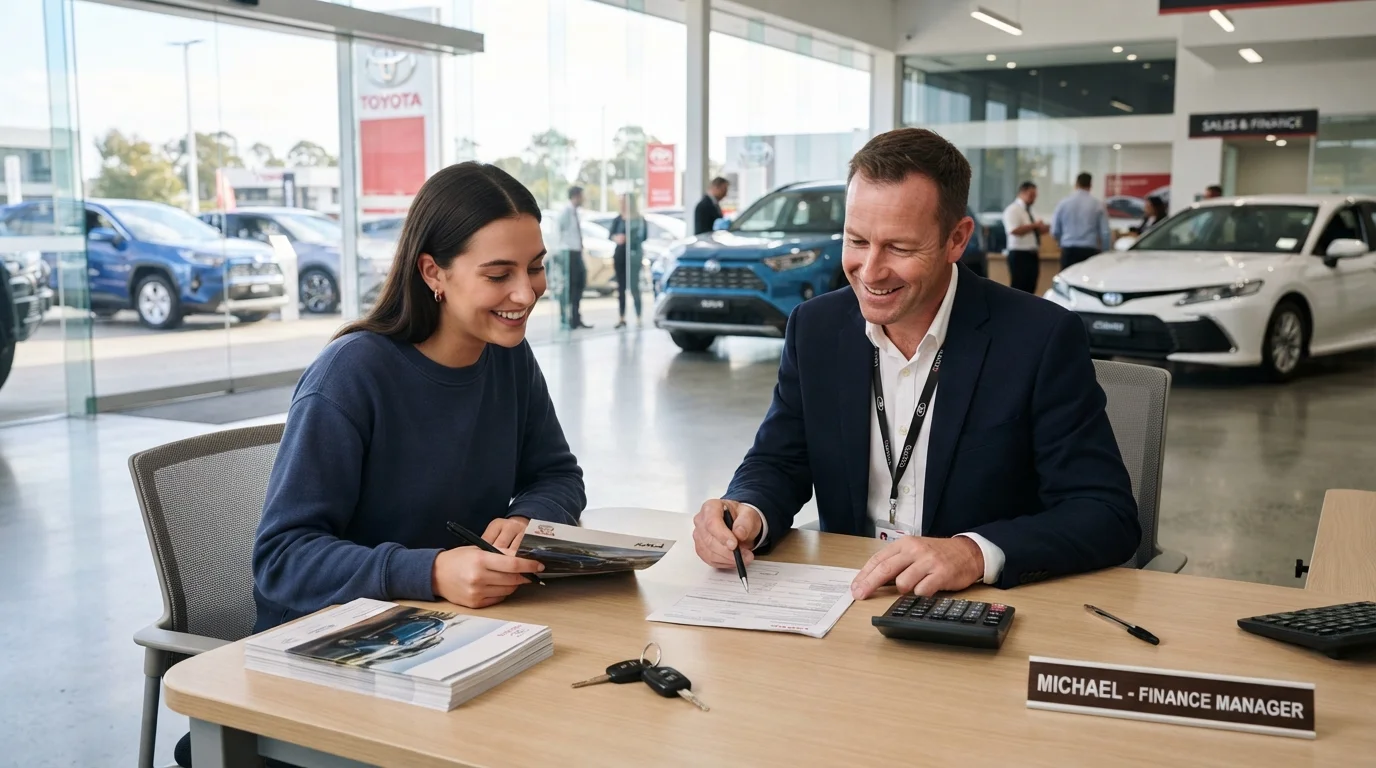 Hand pointing to APR line on a printed auto loan comparison worksheet with a pen nearby