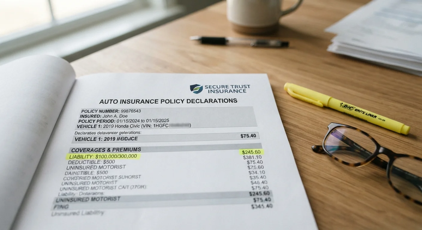 Close-up of an auto insurance declarations page with a highlighter and reading glasses on a desk