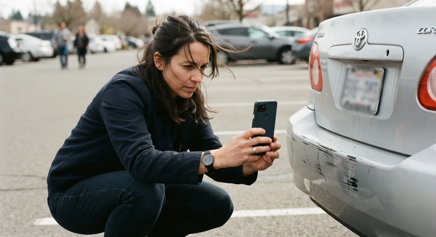Person photographing vehicle damage with a smartphone in a parking lot after an accident