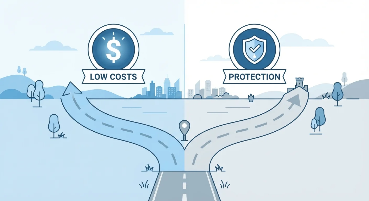 Illustrated split path representing the tradeoff between a high and low auto insurance deductible