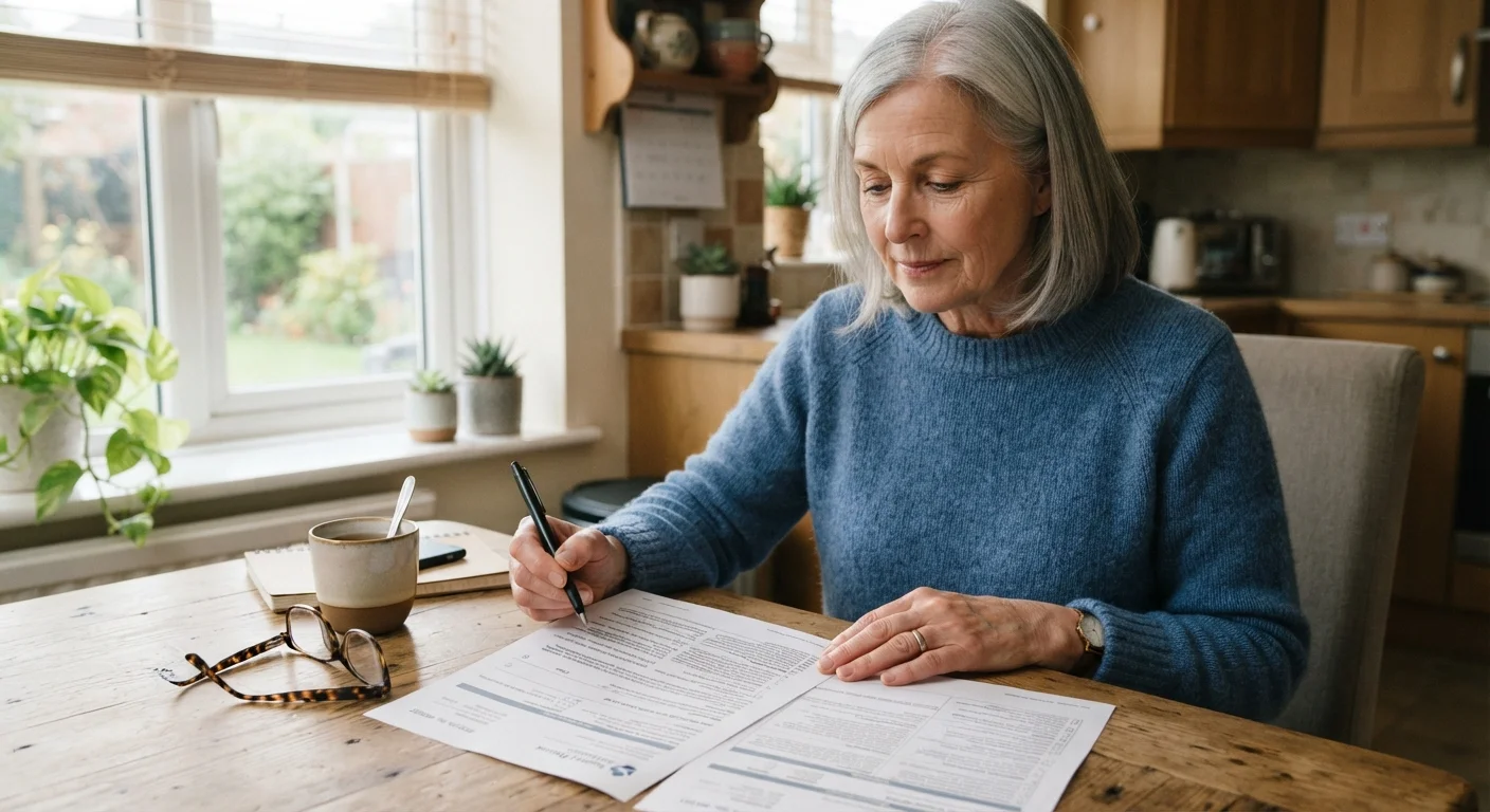 A person carefully reading an auto insurance policy document at a kitchen table