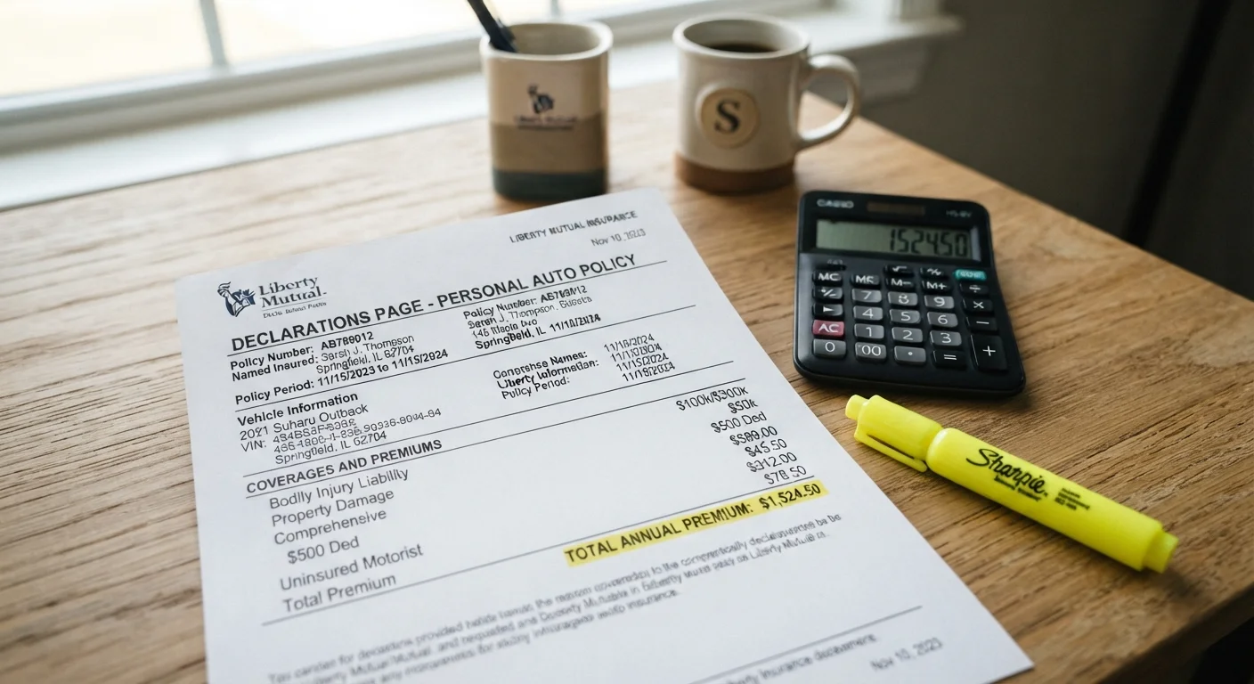 Auto insurance declarations page on a table next to a calculator and highlighter pen