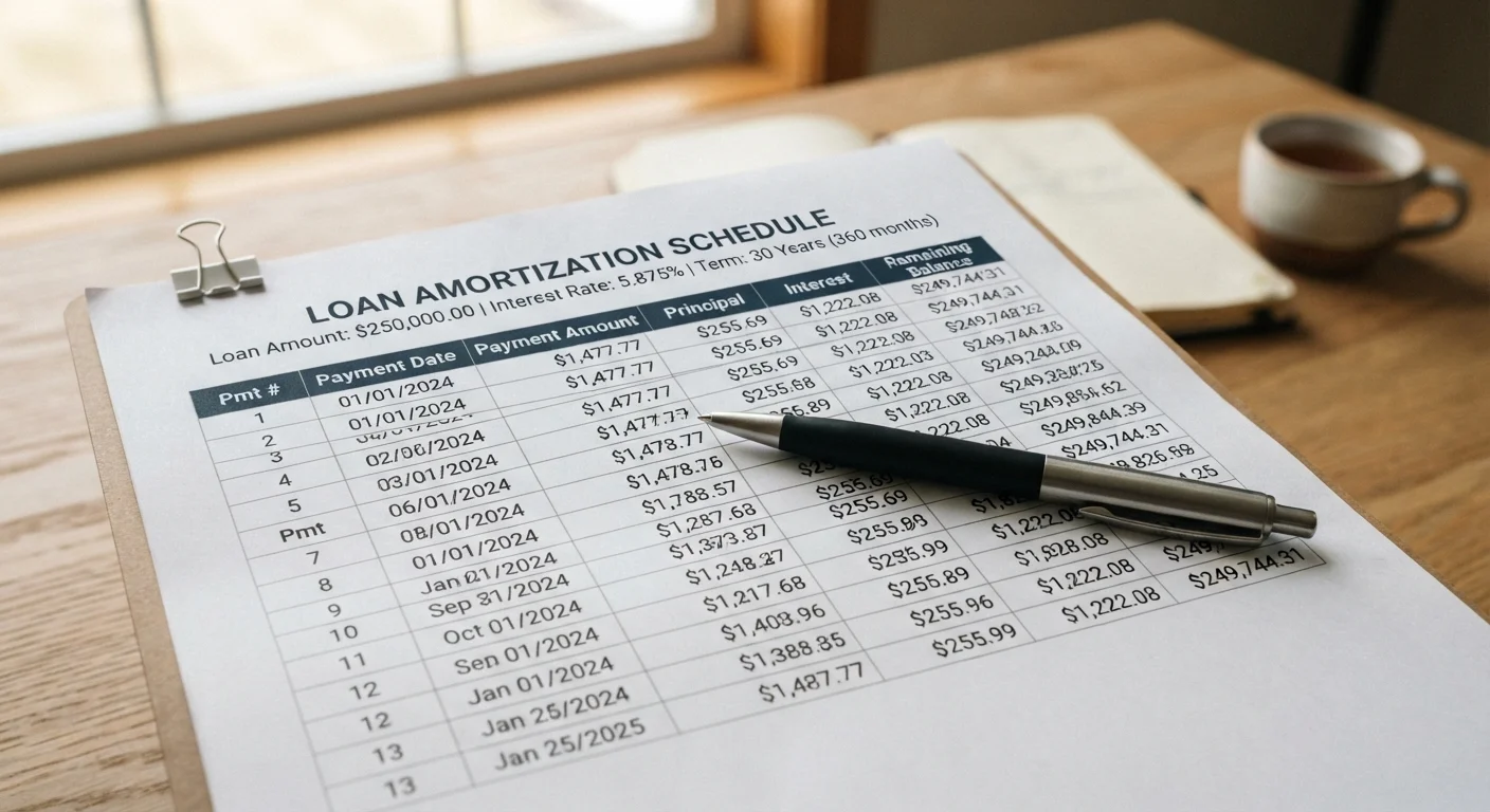 Close-up of a printed auto loan amortization schedule showing interest and principal breakdown
