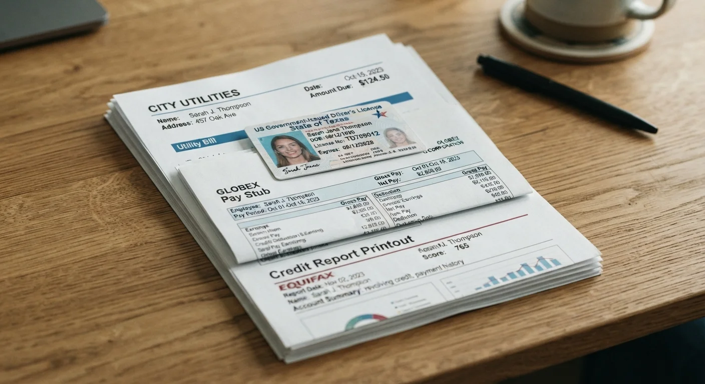 Stack of financial documents including pay stub, ID, utility bill, and credit report on a desk.