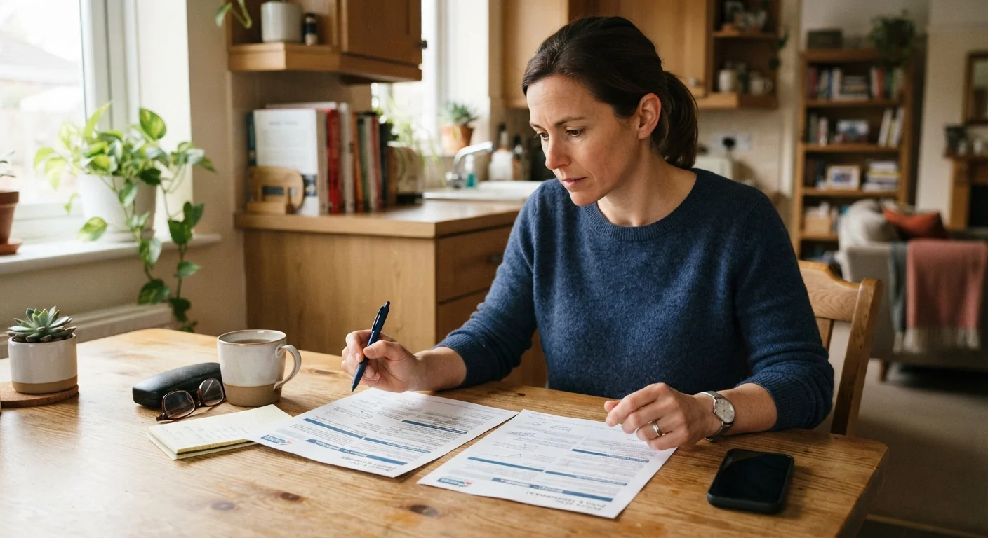 Person comparing two insurance policy documents at a kitchen table with a pen