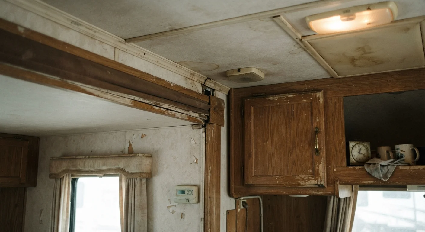 RV interior showing ceiling panels, cabinetry, and slide-out wall with visible signs of wear
