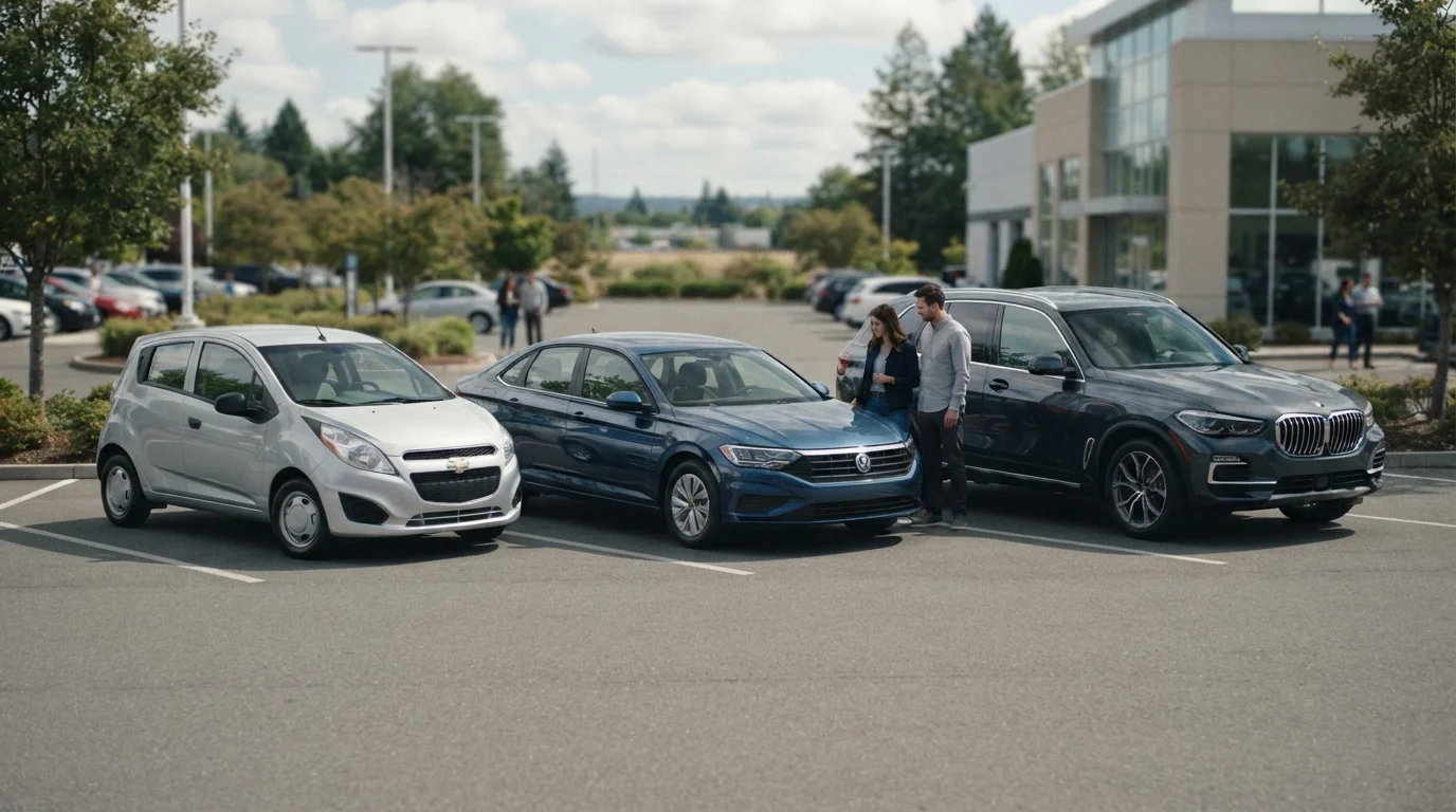 Infographic showing three horizontal bands representing entry-level, mid-range, and luxury car brand tiers with icons