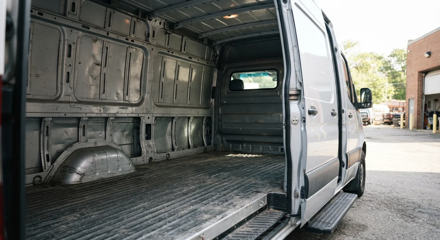 Bare metal interior of a cargo van with ribbed floor and no rear seats or windows
