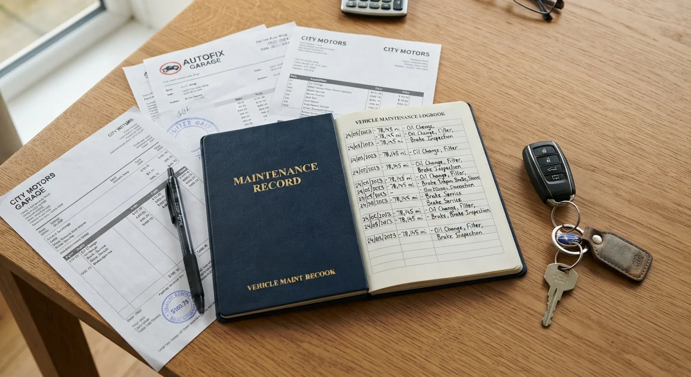 Vehicle maintenance logbook and service receipts laid out on a table next to a set of car keys