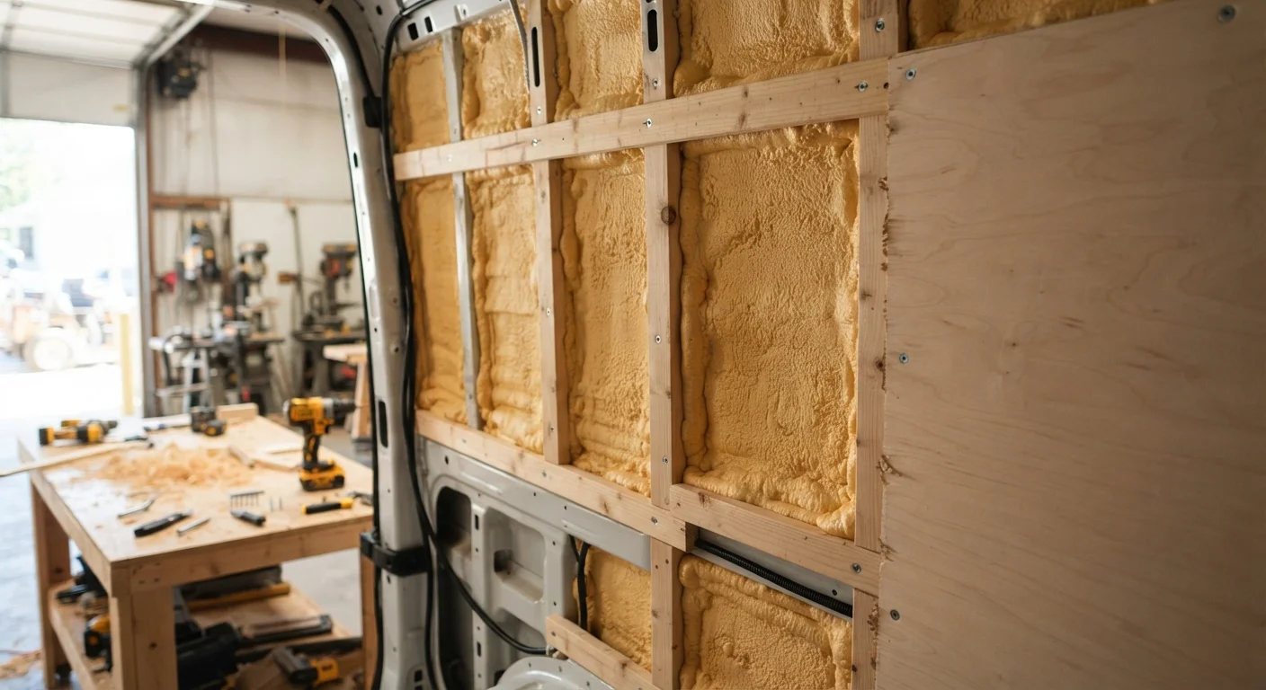Van wall framing with spray foam insulation between wooden furring strips before panel installation