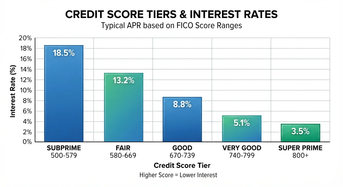 Bar chart showing how auto loan interest rates decrease as credit score tiers increase