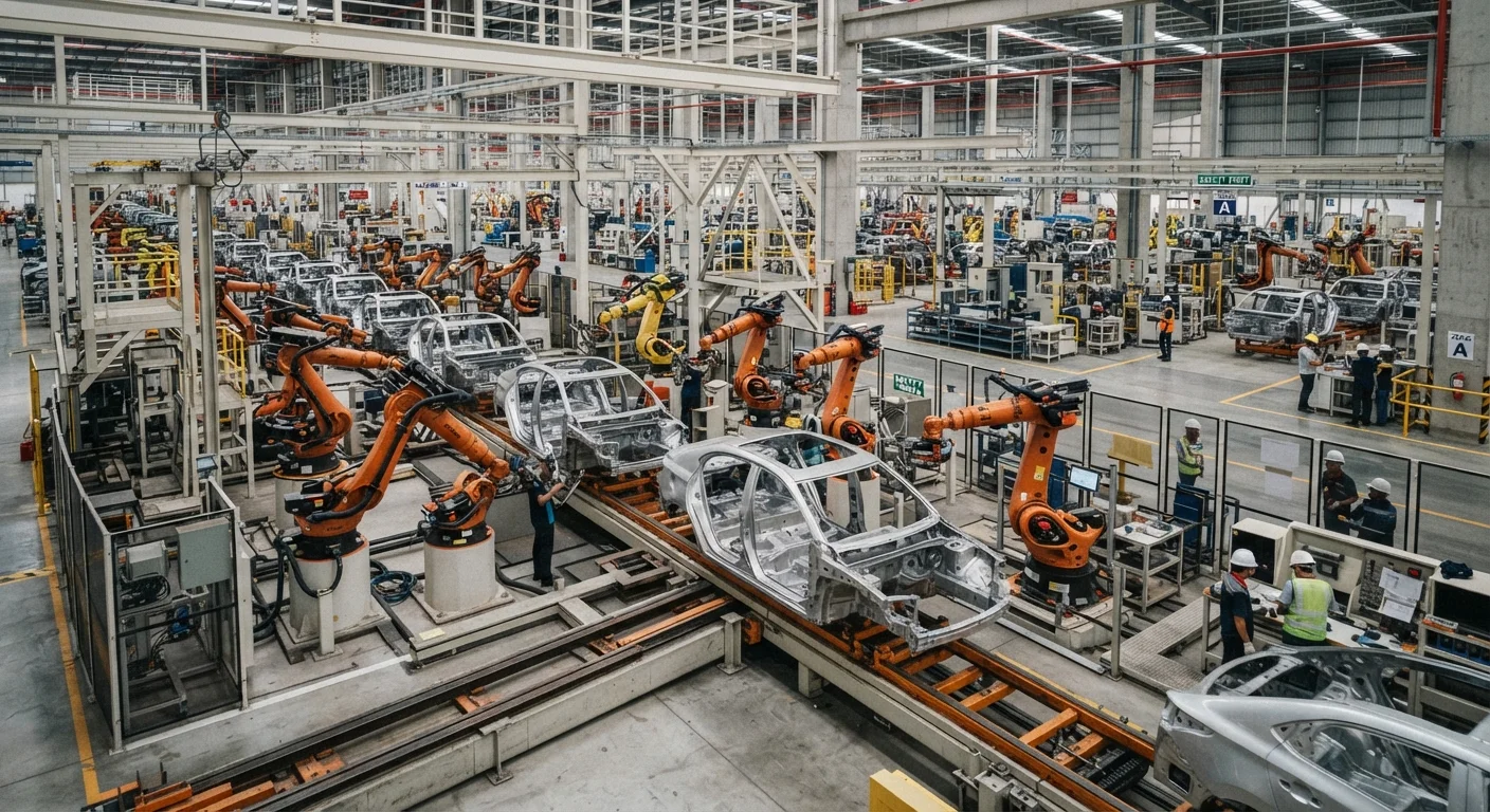 An automotive assembly line with robotic equipment building vehicles in a large factory