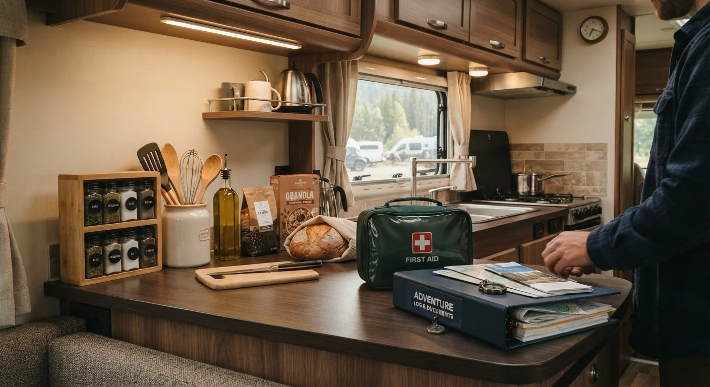 Organized RV interior with food supplies, a first aid kit, and travel documents on the counter.