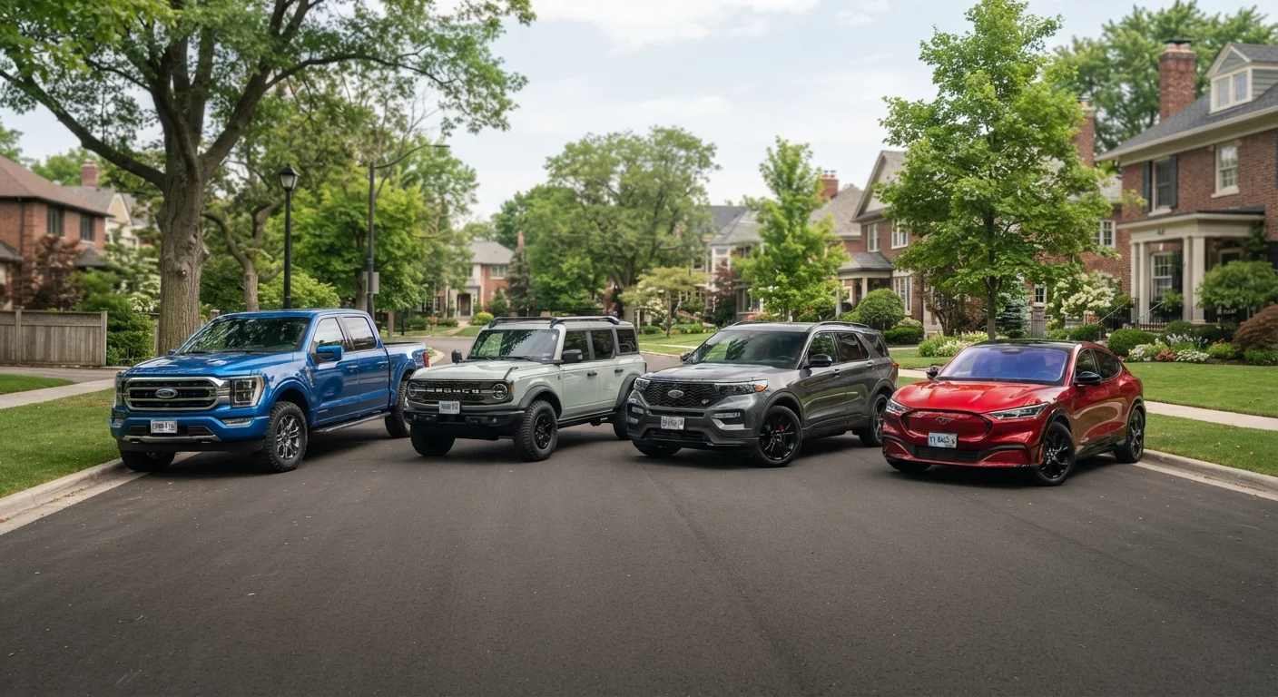 Row of modern Ford pickup truck, SUV, and crossover vehicles parked on a street