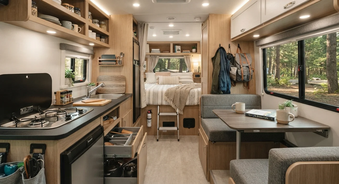 A compact but organized RV interior with a small kitchen, seating area, and sleeping space