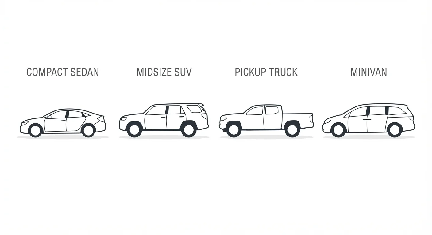 Silhouettes of four vehicle body styles: sedan, SUV, pickup truck, and minivan shown side by side