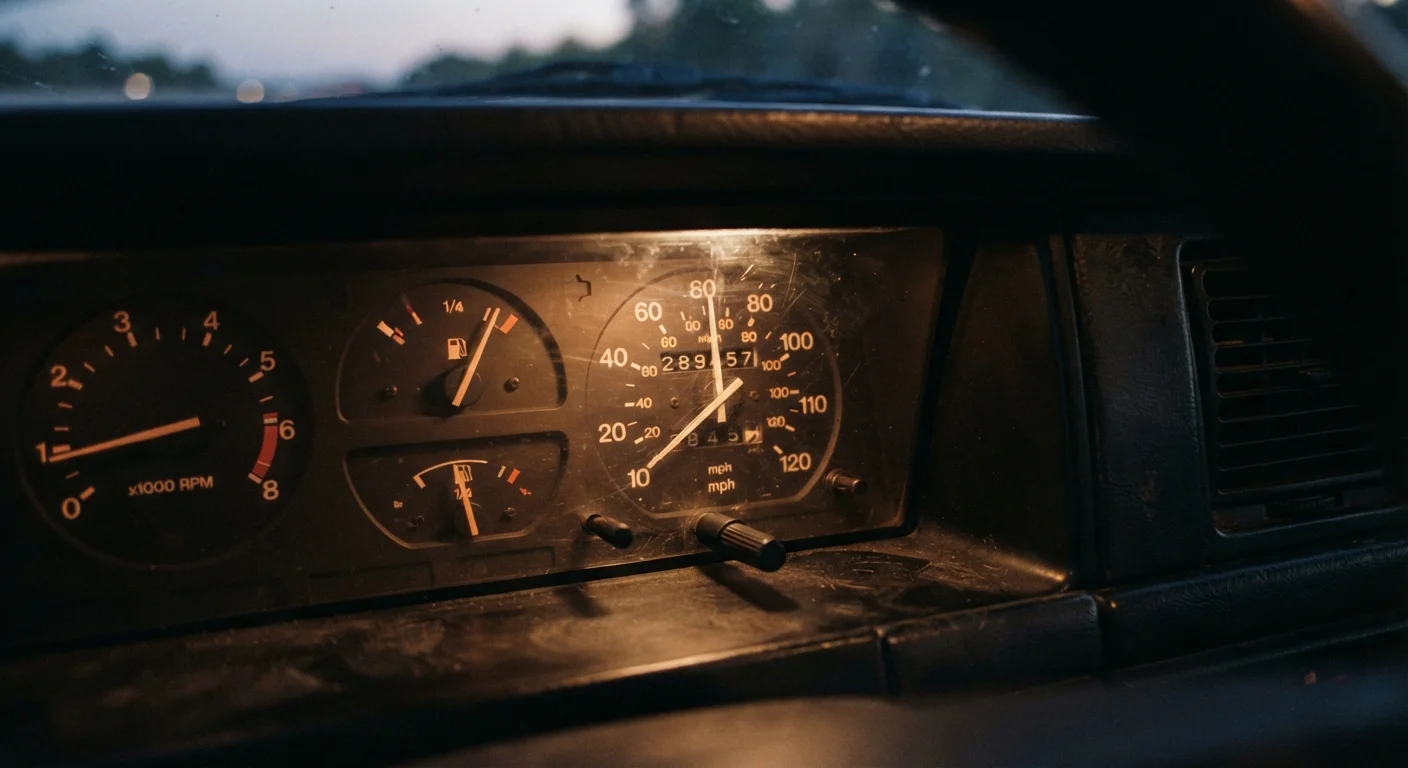 Car dashboard showing odometer reading and fuel gauge in natural interior lighting