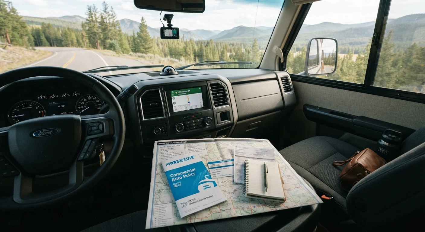 RV dashboard with insurance paperwork and a road map on the passenger seat