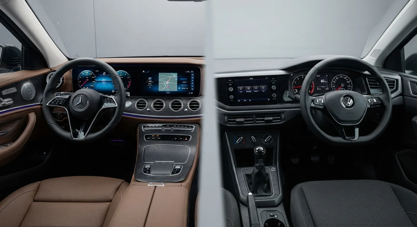 Side-by-side view of a luxury car interior and a mainstream car interior showing material differences