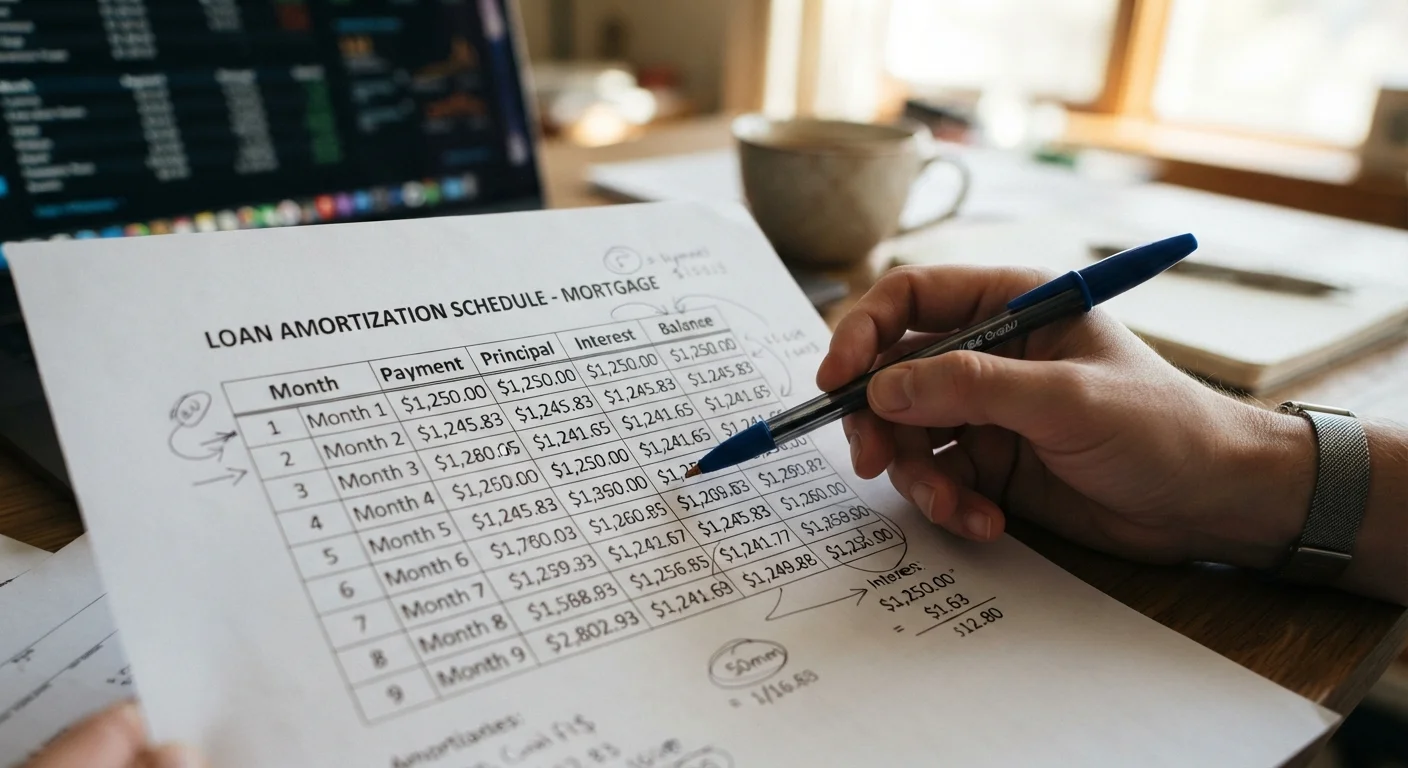 Loan amortization schedule showing interest charges highlighted in the early months of an auto loan