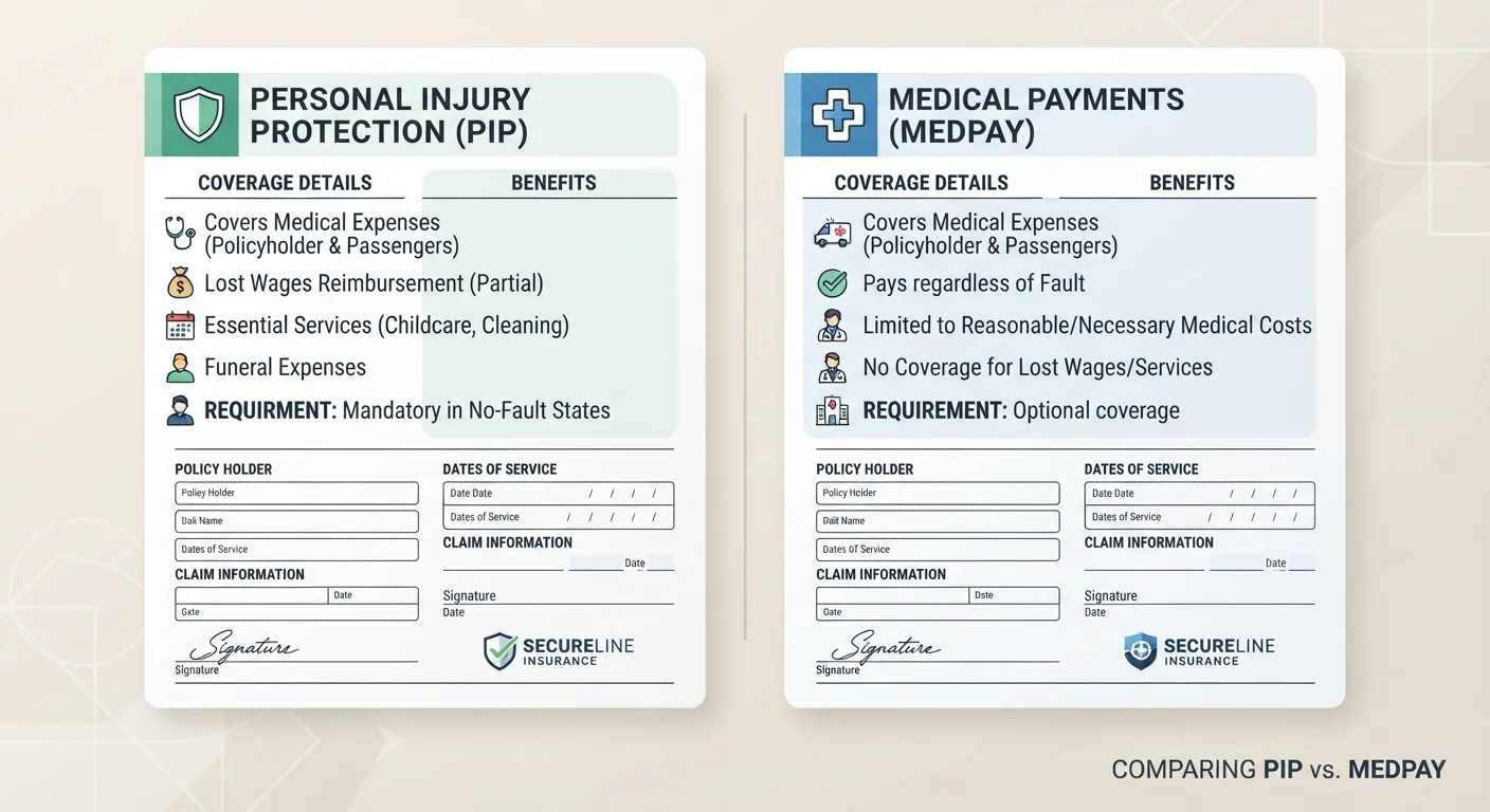 Two auto insurance forms side by side representing PIP and MedPay coverage options