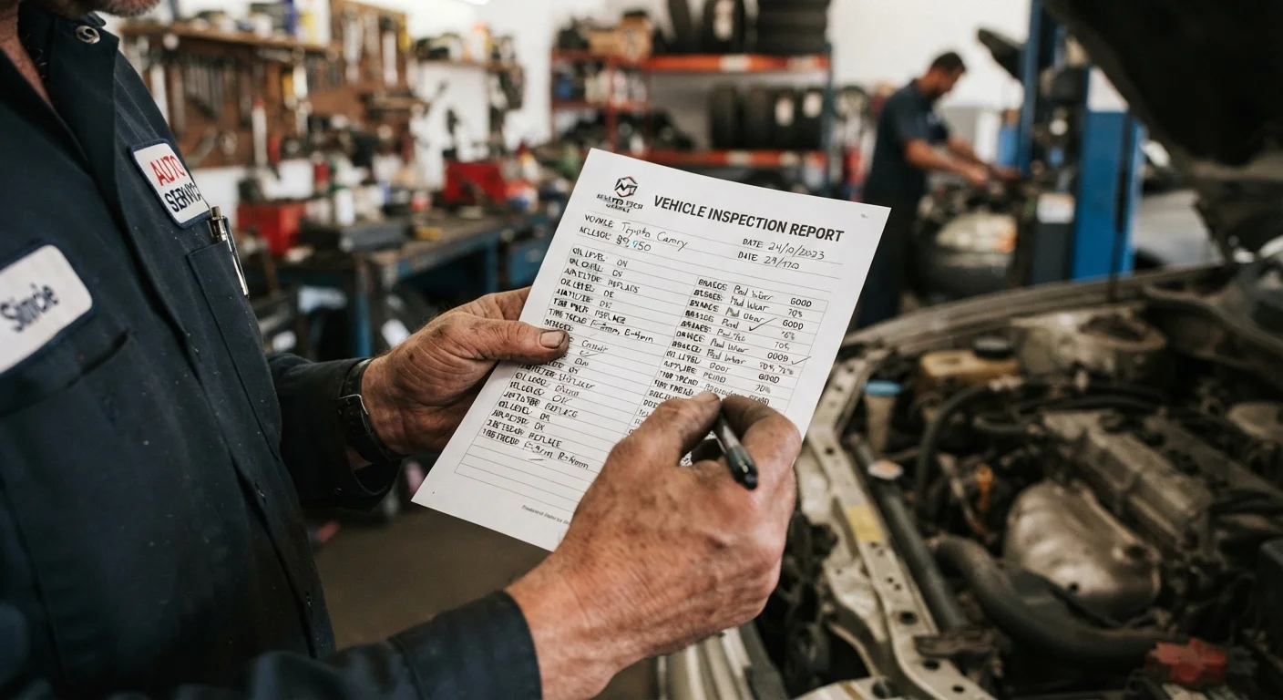 Mechanic reviewing a printed pre-purchase inspection report with repair findings listed