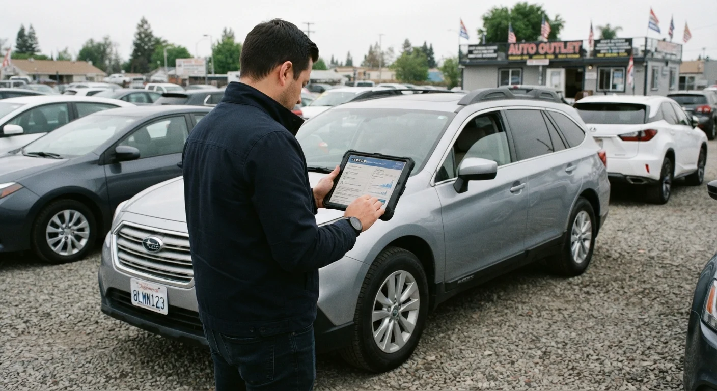 Person reviewing a vehicle history report on a tablet next to a parked used car