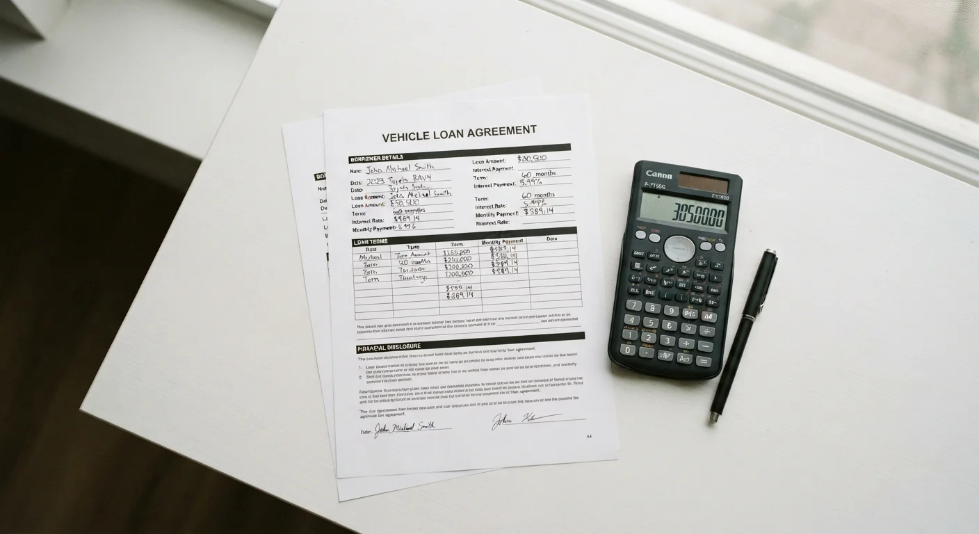 Calculator and pen placed on a car loan document showing interest rate figures and loan term details