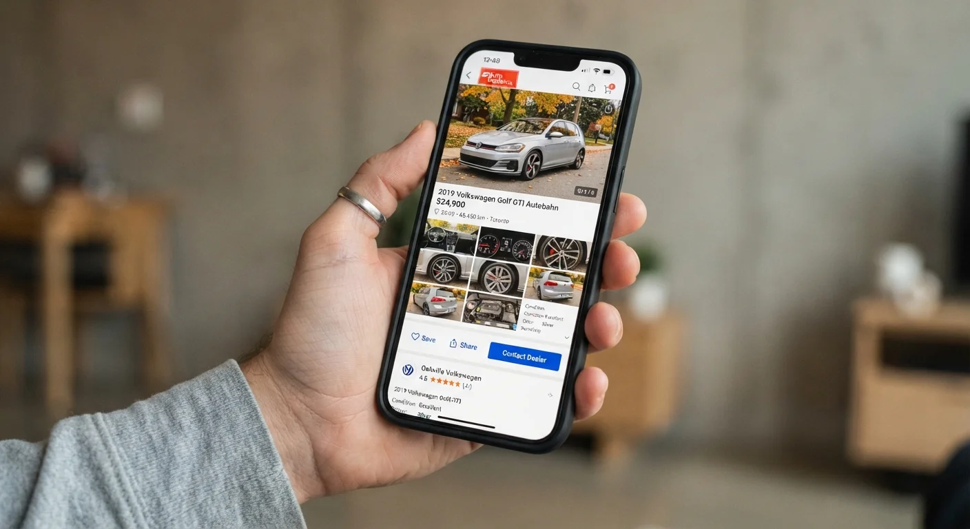 Close-up of a smartphone displaying used car listing photos and price details