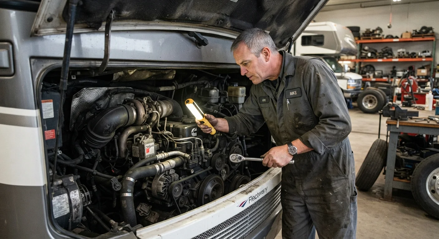 A mechanic inspecting the engine compartment of a motorhome during a routine service