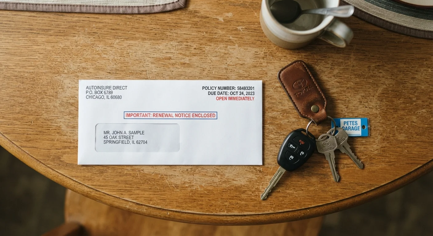 Auto insurance renewal envelope on a kitchen table next to a set of car keys in natural light