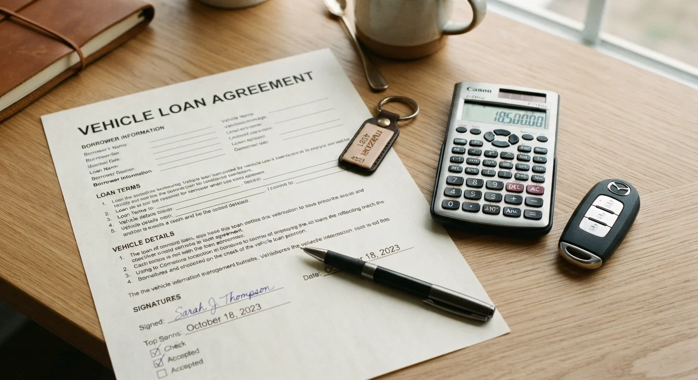 Loan agreement document with a pen, calculator, and car key on a desk