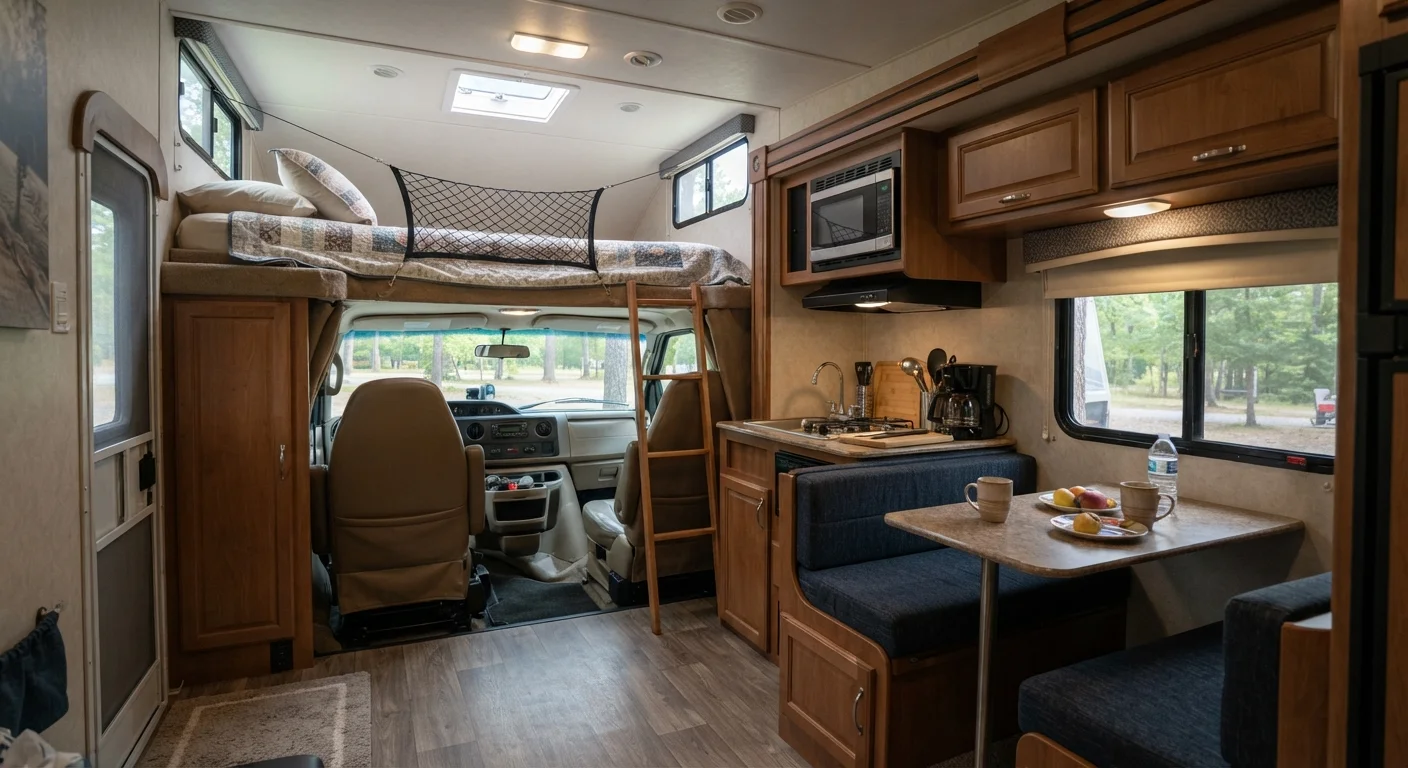 Interior of a Class C motorhome showing cab-over bunk, small kitchen, and compact living area
