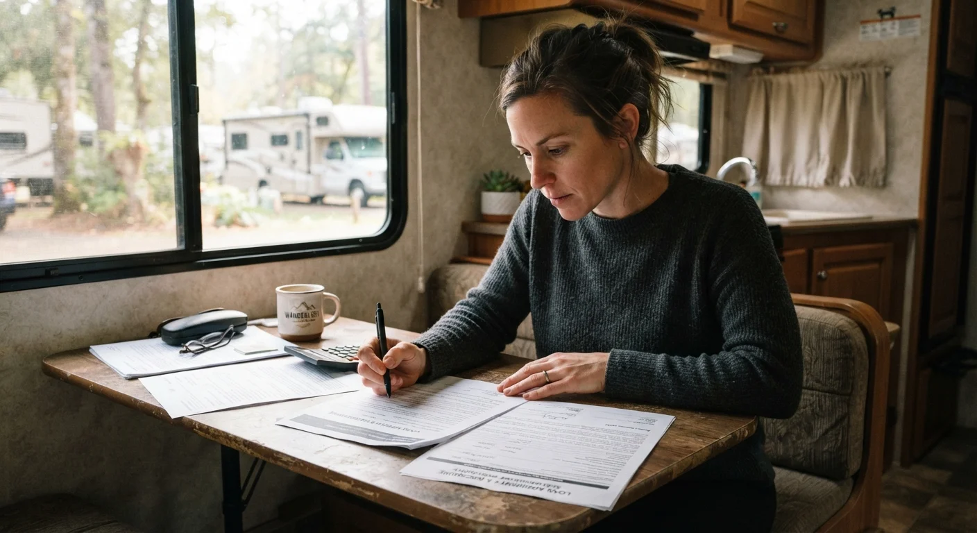 Person reviewing RV loan paperwork at a table inside a motorhome with natural light