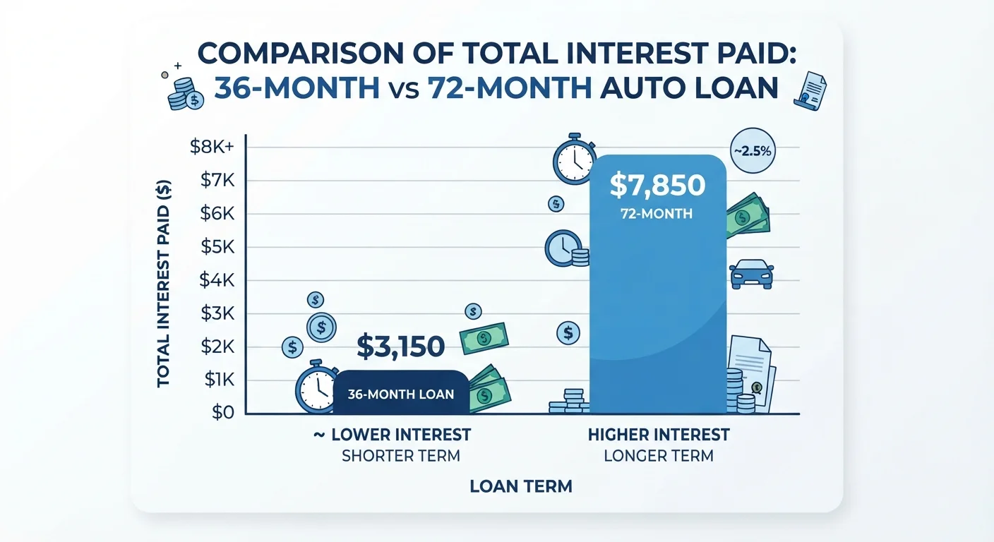 Bar chart comparing total interest paid on a 36-month loan versus a 72-month auto loan