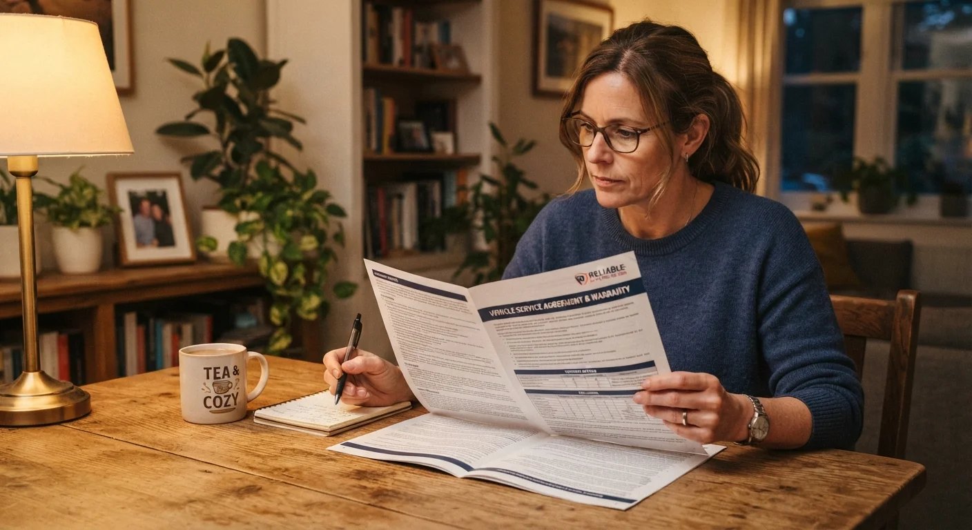 A person carefully reading through a vehicle warranty booklet at a table with a pen in hand