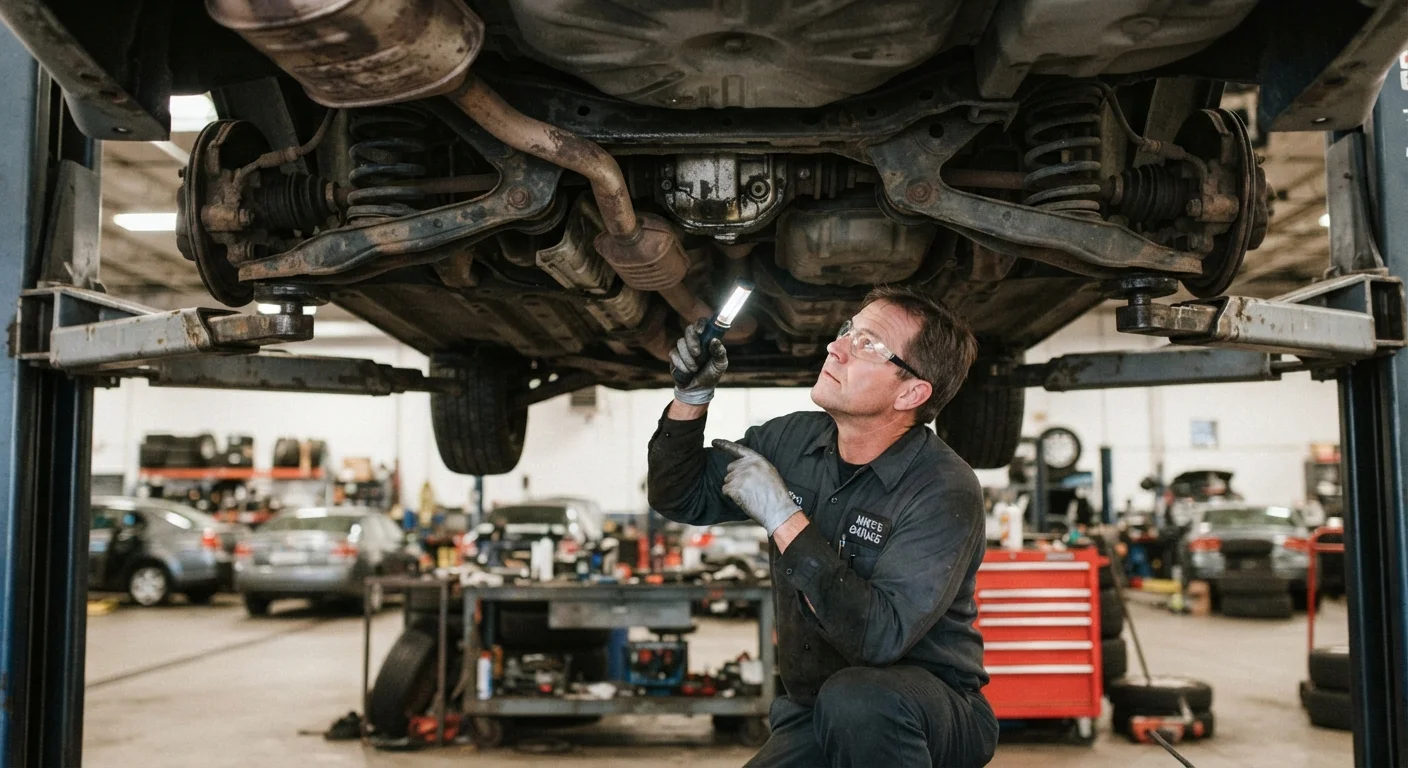 Mechanic inspecting the underside of a used car on a lift during a pre-purchase inspection.