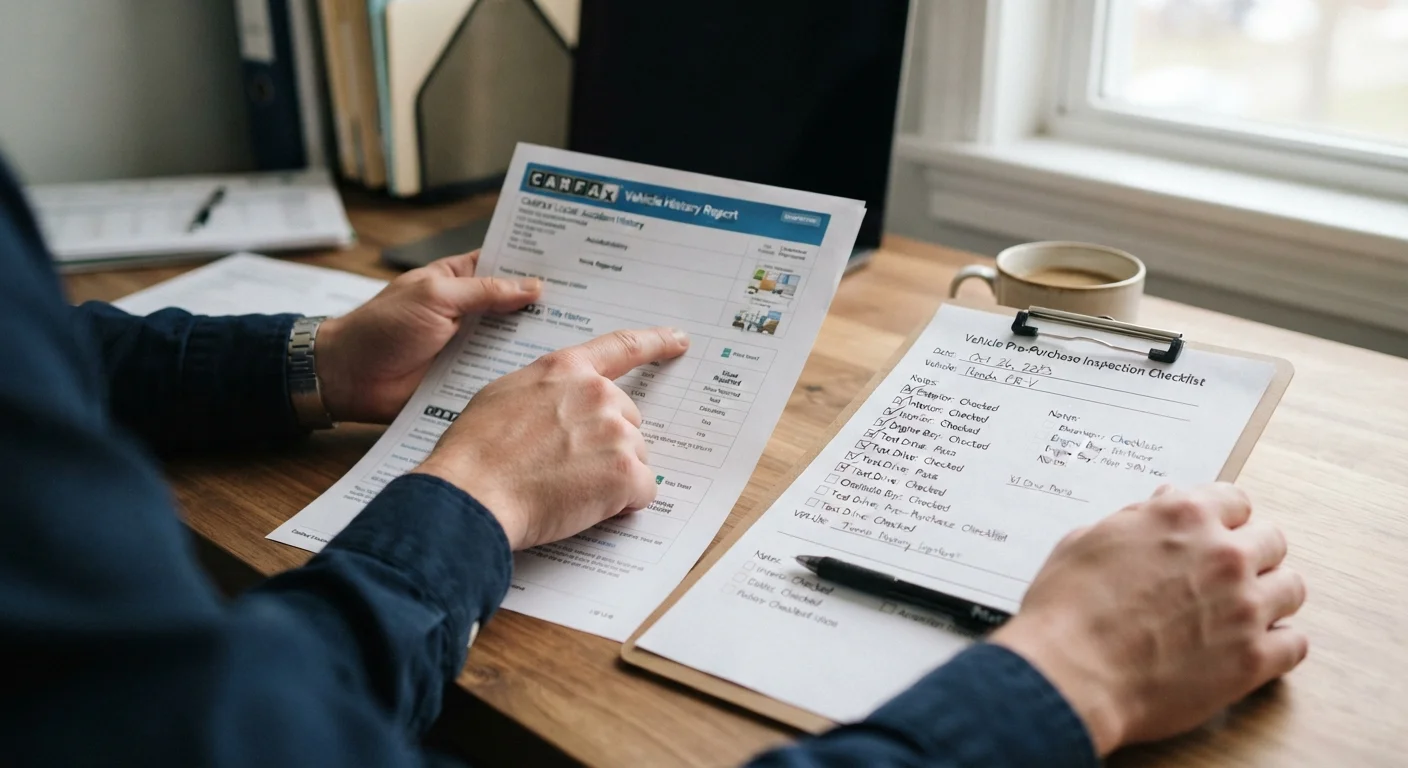 Hands reviewing a vehicle history report and checklist documents side by side on a desk