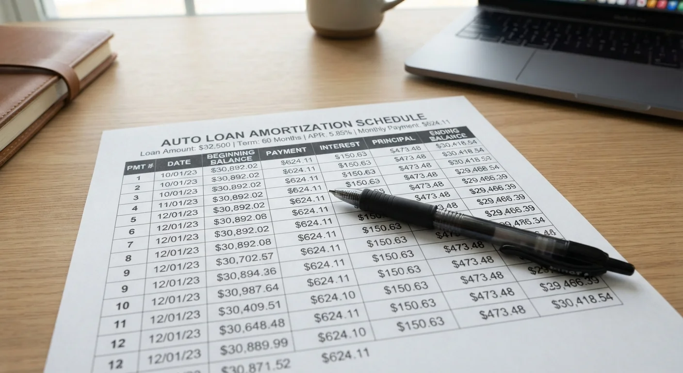 Close-up of a printed auto loan amortization schedule with a pen resting on the page