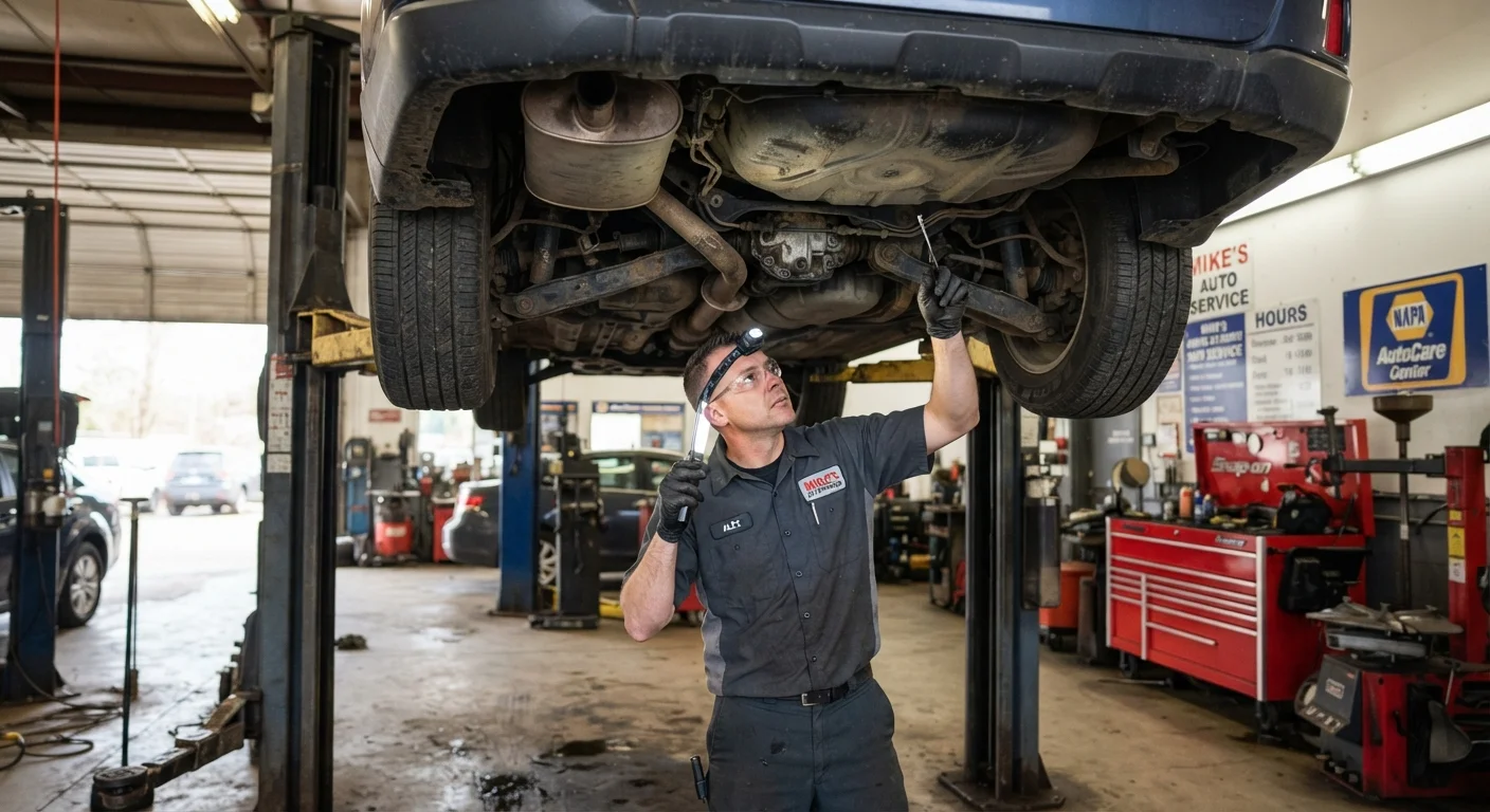 A mechanic performing a pre-purchase inspection on a used car lifted in a repair shop