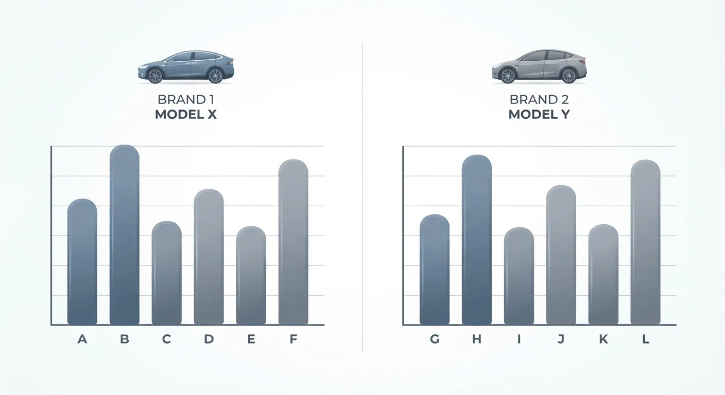 Side-by-side bar charts comparing reliability scores of different models within one car brand