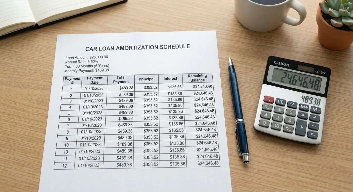 Auto loan amortization schedule on a desk next to a calculator and pen