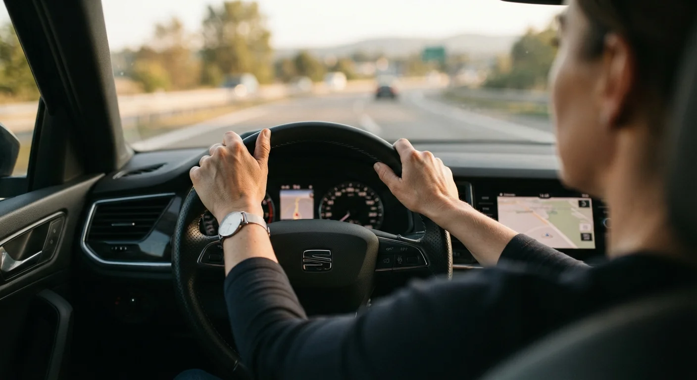 Close-up of hands gripping a steering wheel while driving on an open road during a used car evaluation